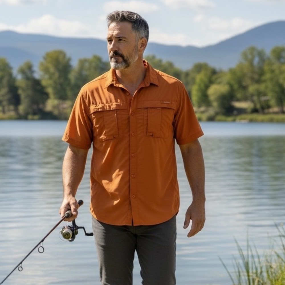 REI Sahara Mens XL Burnt Orange Short Sleeve Vented Fishing Hiking Shirt